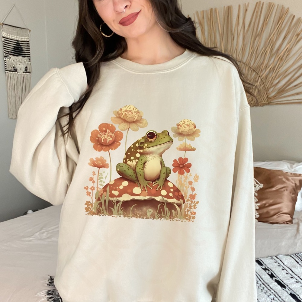 ⬇️ PRICE CUT ⬇️ Frog and Red Mushroom Cottage Core Crewneck Sweatshirt